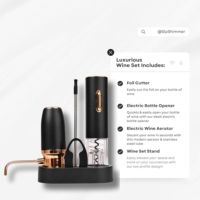 Sip and Shimmer Modern Wine Gift Set, includes Wine Aerator, Wine Opener, Foil Cutter, and a Stand; Great as a Christmas Gift for a wine lover