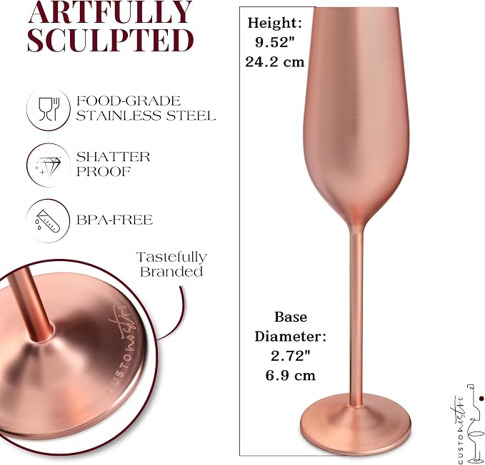 Gusto Nostro Stainless Steel Rose Gold Champagne Flutes Set of 2 - Unbreakable, Colorful Metal Champagne Glasses - Modern Toasting Flutes - Luxury Wedding Gifts for Couple - Wedding Registry Idea