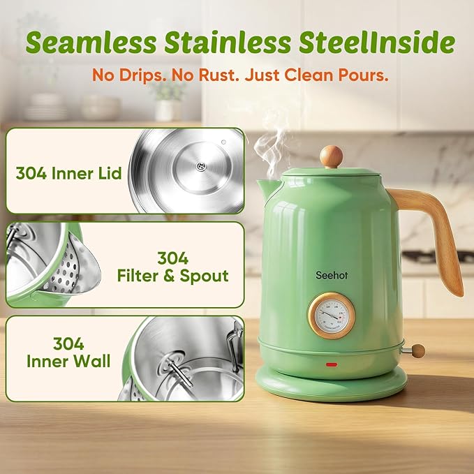 Seehot® Electric Kettle With Thermometer, 1.7L Electric Tea Kettle, 1200W Hot Water Kettle Electric, Auto Shutoff, Boil-Dry Protection, 304 Stainless Steel, Cordless Base,Green