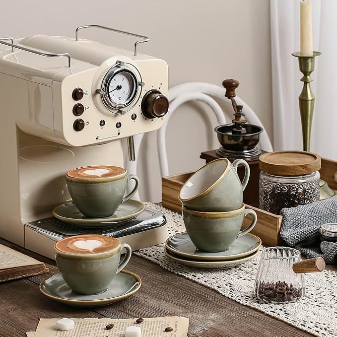 SHUER Ceramic Latte Coffee Cup Set of 4, 7.8 Oz Tea Cup and Saucers Sets,Glaze Americano Cups and Macchiato Coffee Cups,Low Tea Time Mug Set Great for Party (Light Cyan 220ML)