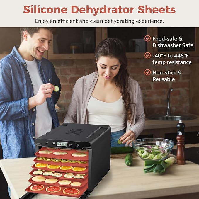 Bosreroy Reusable Silicone Dehydrator Sheets 6 Pack, Non-Stick 13.8X13.8 Square Mats With Edges, Heat Resistant Trays