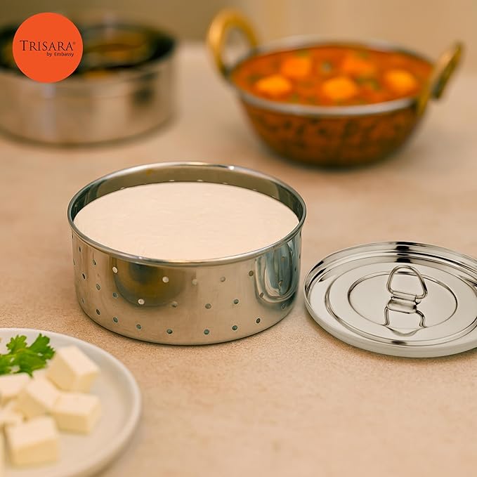 Trisara Stainless Steel Round Paneer Maker/Mould with Lid | 11 cm |Size 2 | Curd/Cheese/Tofu Maker | Strainer for Paneer/Tofu | Homemade Paneer Press/Machine