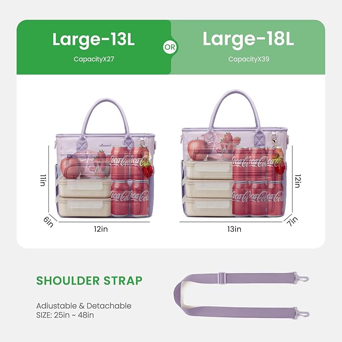 LOVEVOOK Insulated Lunch Bag Women,Puffer Adult Lunch Box for Women with Handmade Strawberry Charm,Wide Opening Leakproof Cooler Bag with Cup Holder for Work Picnic Beach Family College Mom Teacher