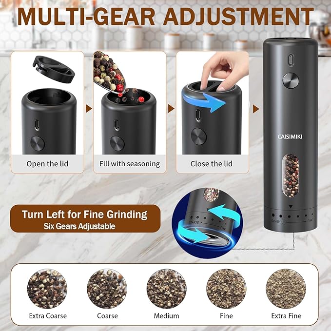 Large Capacity Rechargeable Electric Pepper Grinder 2025 New Pepper Mill USB Black Automatic Pepper Mill Adjustable Coarseness Salt Shakers with LED Light One Hand