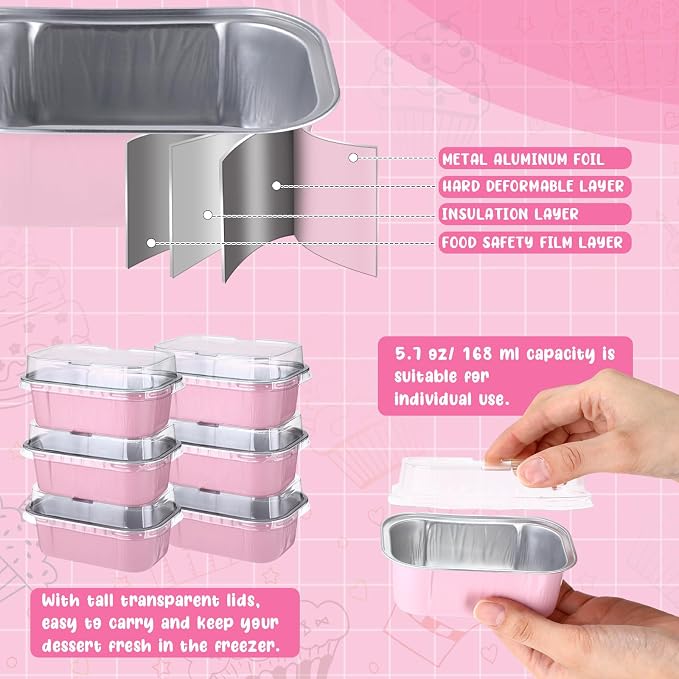 Vesici 100 Sets Mini Loaf Pans with Lids, 5.7 oz Disposable Aluminum Foil Baking Cups, Rectangle Cake Pans for Baking Storage Birthday Party(Pink)