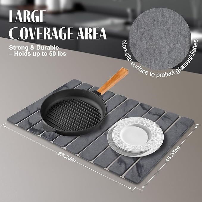 Large Stone Dish Drying Mats for Kitchen Counter, 24"(L)×16"(W) Marble, Drying Collapsible Dish Drying Mat, Eco-Friendly Absorbent Diatomaceous Earth Mats for Dishes Bottles Cups - Dark Grey