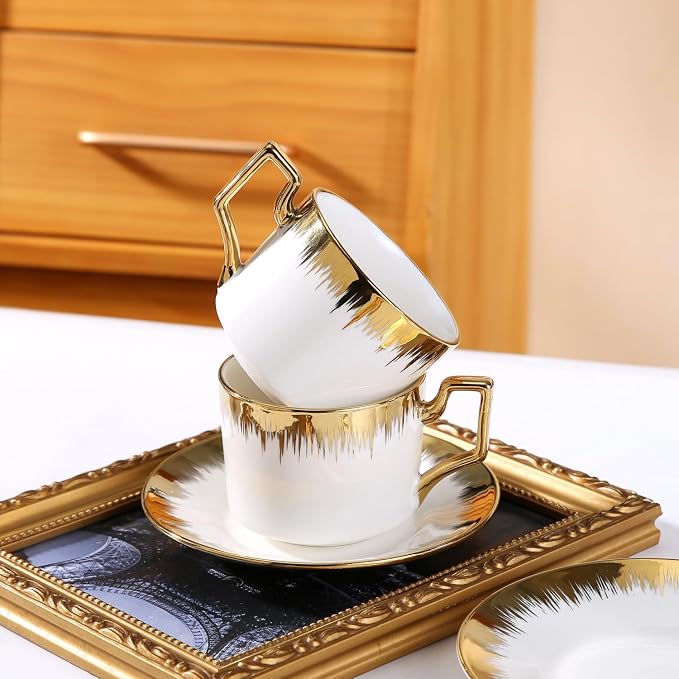 LETAOTAO Cappuccino Cups with Saucers, 8.5 oz Stackable Ceramic Coffee Cup and Saucer with Gold Trim, Turkish Coffee Cups Set for Double Espresso, Tea Cups Set of 6, White