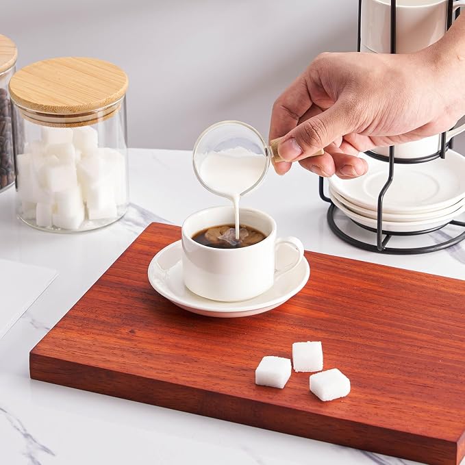 Espresso Cups Set of 4, 4oz Stackable Coffee Cups with Saucers and Metal Stand, White Demitasse Cups, Expresso Shots Cup Set