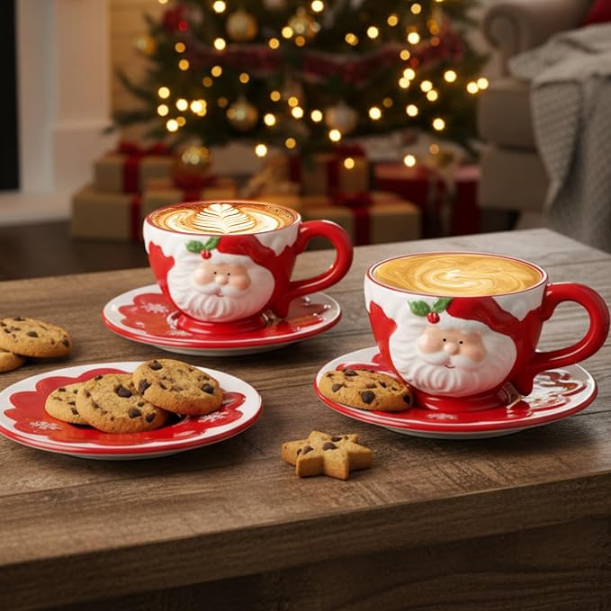 Sieral 6 Sets Christmas Santa Cups and Saucers Ceramic Beverage Drinking Mugs Red Espresso Santa Christmas Coffee Mugs for Cafe Tea Kitchen Holiday Decorations(Snowflake Style)