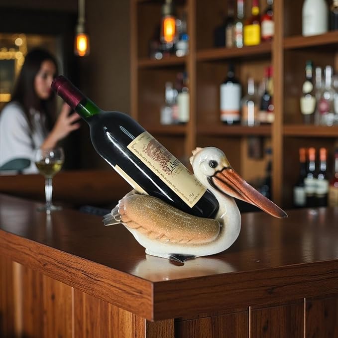 Beach Themed Tabletop Wine Rack: Coastal Nautical Decor for Home Party Bedroom - Pelican Wine Bottle Holder for Kitchen Beachy Rooms Table Shelf Cabinet Ocean Sea House Decorations