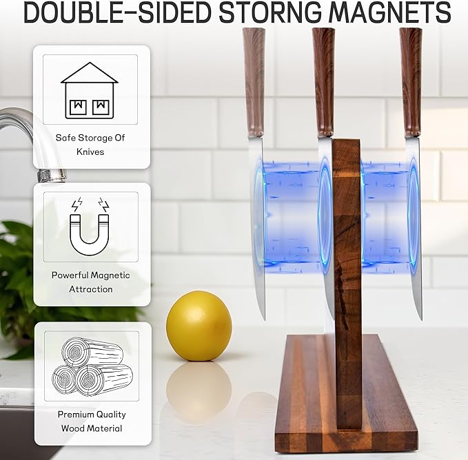 Home Kitchen Magnetic Knife Block，Double Sided Magnetic Knife Holder Rack for Kitchen Counter，Acacia Wood with Strong Enhanced Magnets Knife Storage Stand