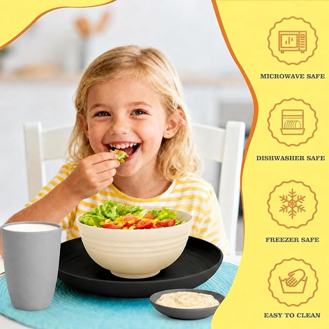 Wheat Straw Dinnerware Sets 16 PCS - Unbreakable Kids Plates and Bowls Sets for 4,Dishwasher & Microwave Safe Modern Lightweight Toddler Plates and Bowls Set for RV,Travel,Camping - Grey Stone