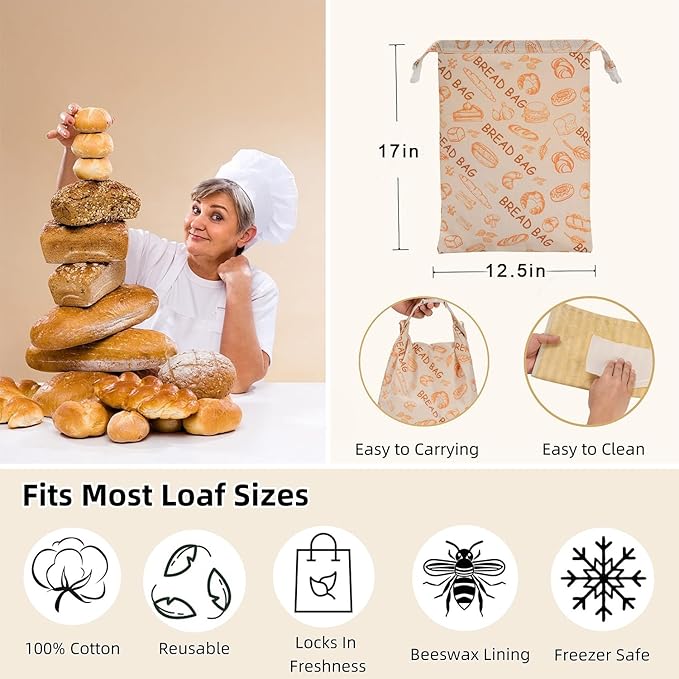 Beeswax Bread Bags for Sourdough - Extra Large 17"×12.5", 2 Pack Reusable Organic Cotton Linen Bread Storage Bag, Keeps Bread Fresh Naturally, Eco-Friendly Homemade Bread Bag