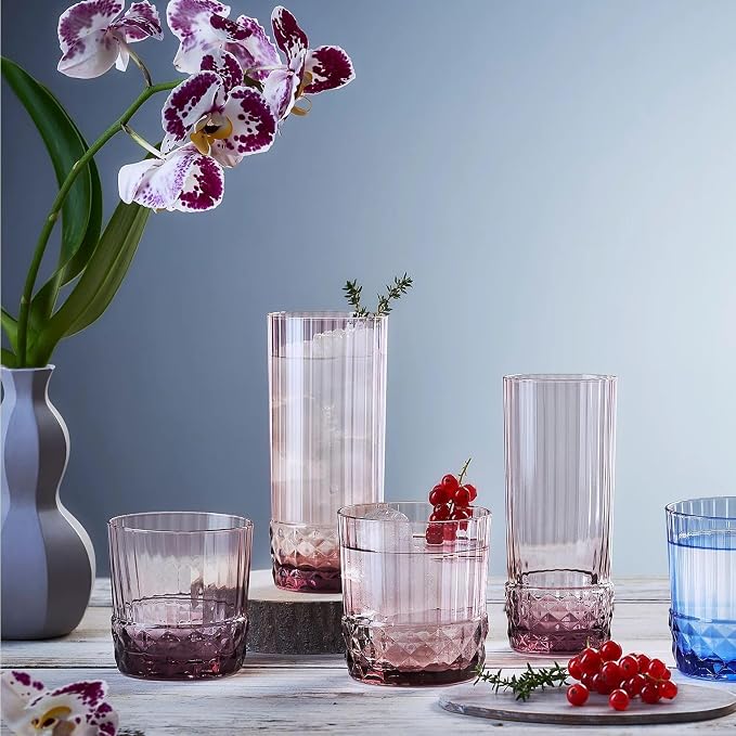 Bormioli Rocco America '20s Set Of 6 DOF Glasses, 12.5 Oz. Colored Crystal Glass, Lilac Rose, Made in Italy