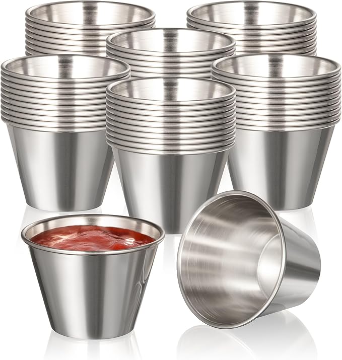 Fit Meal Prep [120 Pack 2.5 oz Stainless Steel Dipping Sauce Cups, Reusable Metal Ramekins, Commercial Grade Condiment Bowls, Individual Portion Cups, Small Round Au Jus Cup for Home, Restaurant