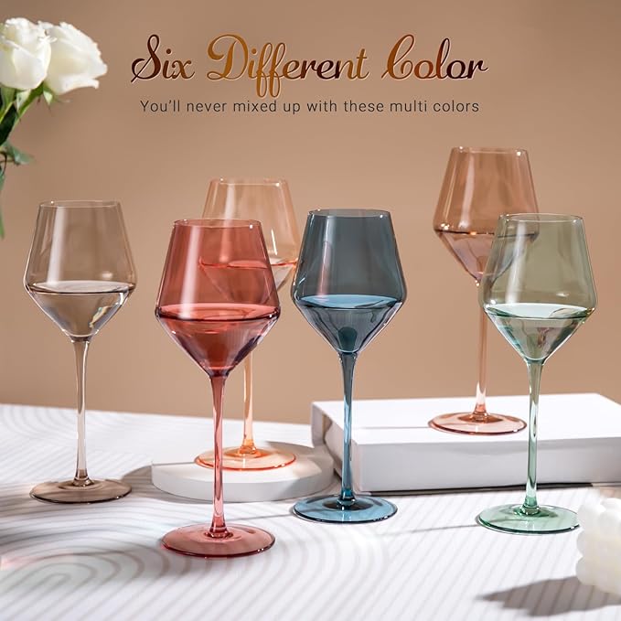 Colored Wine Glasses Set of 6-16OZ Colorful Wine Glass with Stem【HandBlown】 Muted Wine Glasses Colored Set,Wine Gifts for Mothers Day