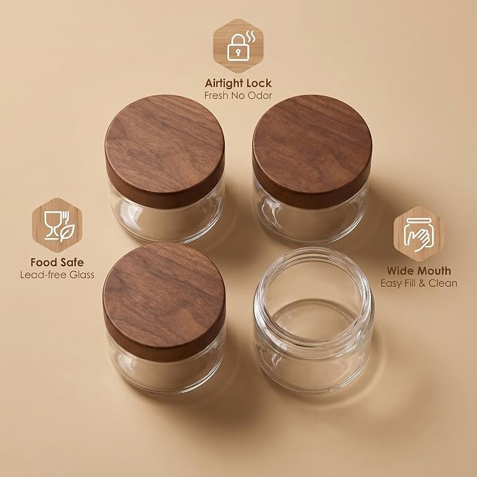 Danmu 8 oz Overnight Oats Containers with Lids,Glass Jars with Lids 4 Pack | Wooden Lid,Meal Prep,Yogurt,Leftovers,Leak-proof,Dishwasher Safe(remove lids),Fridge Safe,Portable,Stackable