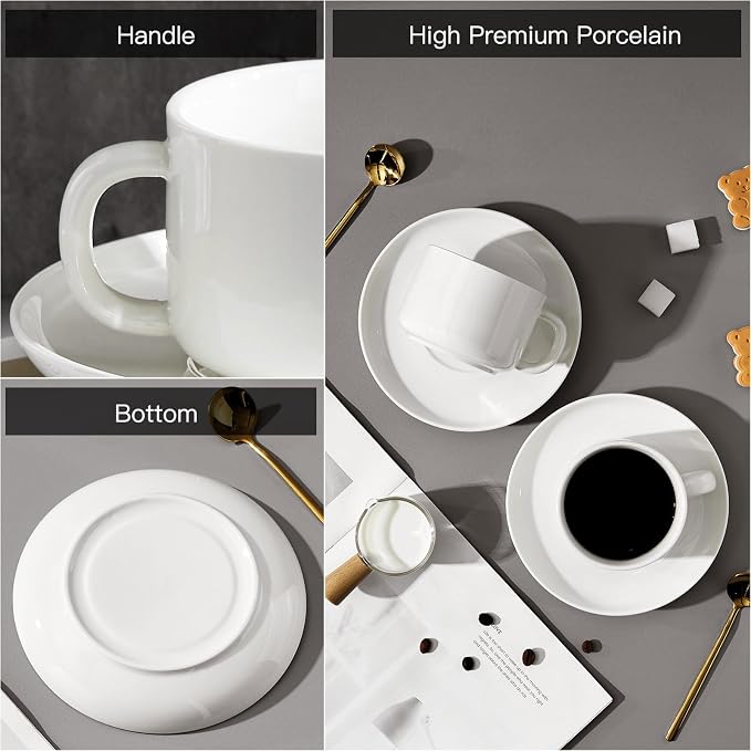 8oz Cappuccino Cups Set of 6, Tea Cups with Saucers and Spoons, White Ceramic Tea Cups Set Coffee Mugs for Tea Cappuccino Espresso Latte Mocha Au Lait Macchiato Cafe