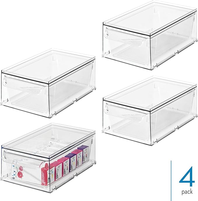 iDesign Stackable Kitchen Storage Drawer for Fridge, Pantry, Under-Sink, or Cabinet - Set of 4 - Clear