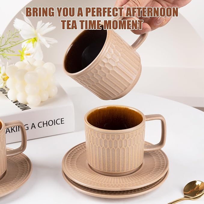 8oz Cappuccino Cups with Saucers Set of 4, 8 Ounce Stackable Embossed Ceramic Coffee Mugs for Specialty Coffee Drinks, Latte Mugs, Cafe Mocha and Tea, Dishwasher & Microwave Safe (Brown)