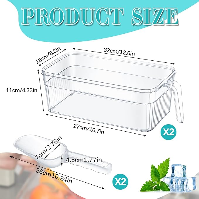 Havawish 4 Pcs Ice Storage Bin for Freezer with Lid and Flexible Scoop Set Plastic Ice Container with Lid Handle for Home Office Fridge Storage (12.6 x 6.3 x 4.33 Inches,White)
