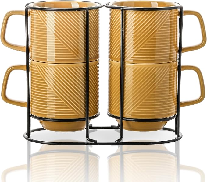 Stackable Coffee Mugs with Rack: 13 oz Stacking Ceramic Cups with Stand - Porcelain Stacked Tea Mug Set of 4(Mustard Yellow)
