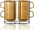 Stackable Coffee Mugs with Rack: 13 oz Stacking Ceramic Cups with Stand - Porcelain Stacked Tea Mug Set of 4(Mustard Yellow)