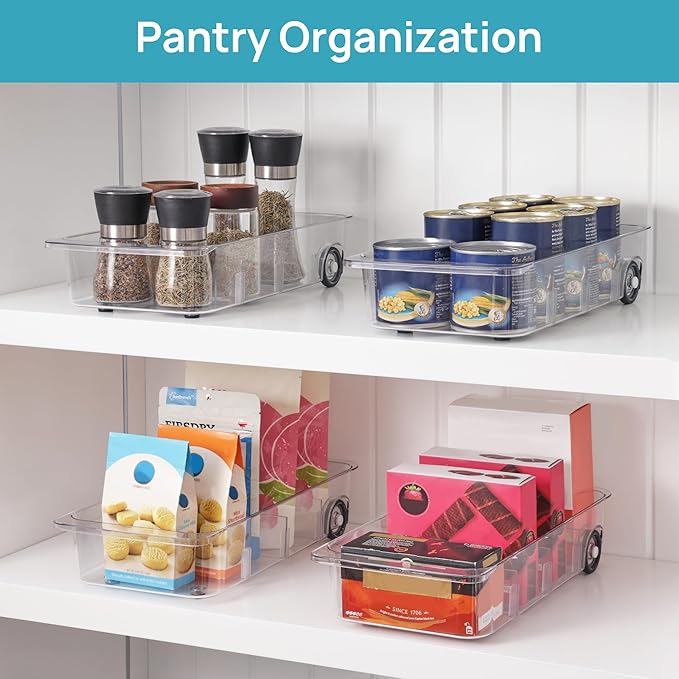 Vtopmart Fridge Organizer Bins on Wheels, Clear Roll Out Drawer Refrigerator Organizing Caddy with Dividers, Thick Plastic Storage Bins for Pantry, Kitchen, Cabinet etc