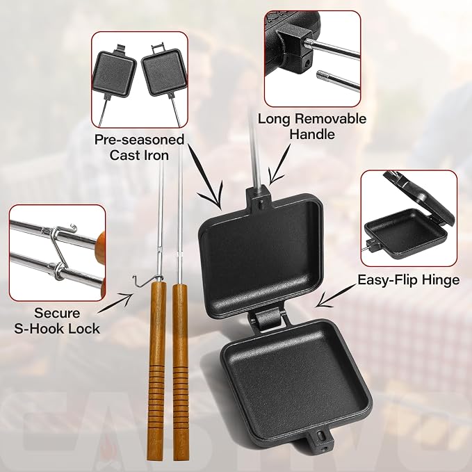 Mountain Pie Maker Cast Iron Set of 2 with Storage Bag – 5 Smores Sticks for Fire Pit, Camping and Outdoor Cooking