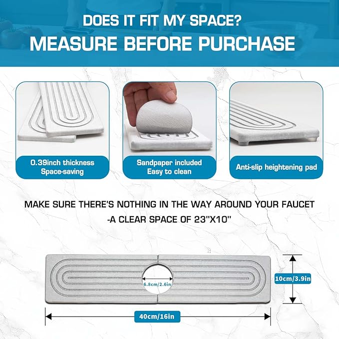 Faucet Mat for Kitchen Sink, Diatomite Quick Drying Tray, Long 23.6'' Kitchen Sink Splash Guard and Bathroom Stone Tray for Counter. Super Absorben. (White-Rectangle, 15.7" x 4")