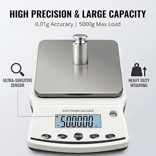 RESHY Lab Scale 5000g x 0.01g, High Precision Digital Analytical Balance with Calibration Weights, 0.01g Accuracy Scientific Gram Scale for Jewelry, Kitchen, Food, Powder, Chemical Use