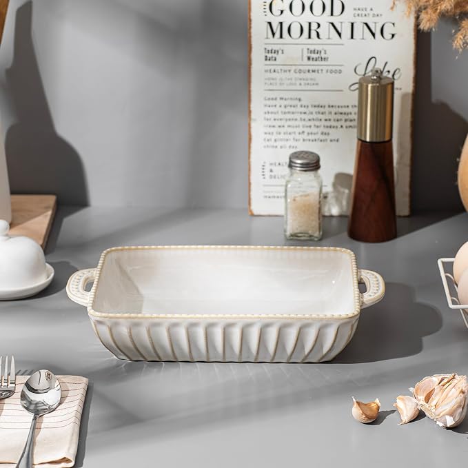 Casserole Dish for Oven, Ceramic Baking Dishes Set, Vintage Hobnail Bakeware Sets of 3, Rectangular Baking Pan, Deep Lasagna Pan with Handle for Cake, Wedding Kitchen Gift, 13.77“/11.6"/8.85"