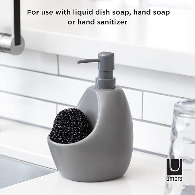 Umbra Joey, Matte Ceramic Liquid Soap Dispenser with Sponge Caddy, Ideal for Kitchen or Bathroom Use, Charcoal