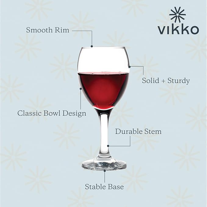 Vikko 8.5 Ounce Small Wine Glasses Set of 6, Fancy Red and White Wine Glass, Durable Stem, Copas De Vino Dishwasher Safe