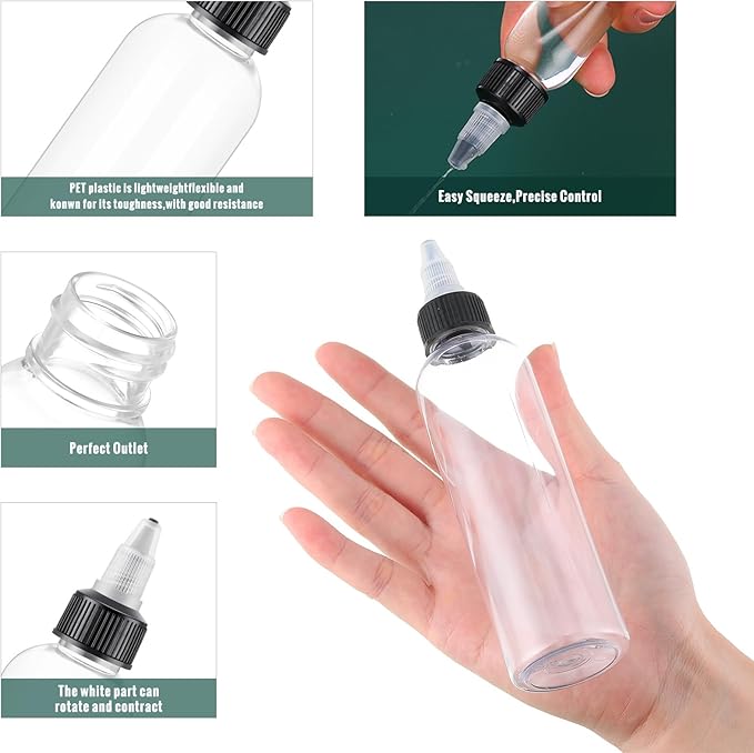 Irenare 30 Pcs 4 oz Plastic Squeeze Bottles Bulk Hair Oil Applicator Bottles Boston Empty Squeeze Condiment Bottle with Twist Top Cap Leak Proof for Liquids Oils Art Crafts Household Kitchen (Clear)