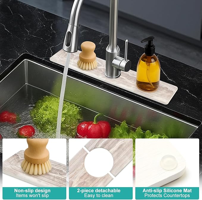 Diatomite Faucet Mat for Kitchen Sink Protector Stone Quick Dry Around Faucet Absorbent Mat Kitchen Sink Protector Water Catcher Splash Guard Stone Drying Tray for Bathroom Counter Accessories Decor