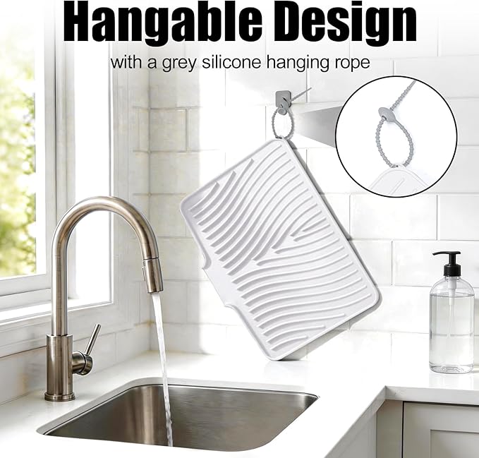 TIKNIK Silicone Dish Drying Mat, Stone Drying Mat for Kitchen Counter with Built-In Drain, Non-Slip Drain Pad with Built-in Drain, Heat Resistant Stone Drying Mat, Hangable, White-1pcs, 16" x 12"