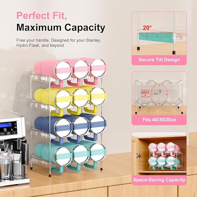 Reusable Stackable with Handle Compartment Water Bottle Tumbler Organizer for Stanley 40oz with Handle Cup, Stanley Accessories for Pantry, Cabinet & Kitchen Organization and Storage,4 Tier Hold 12