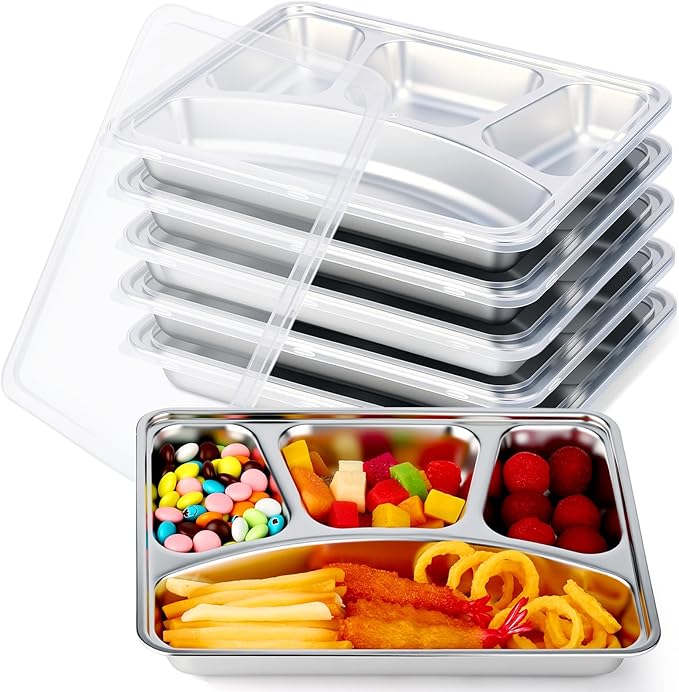 Patelai 6 Pcs Stainless Steel Snack Containers with Clear Flexible Lids Large 4 Compartment Heavy Duty Travel Bento Box Adult Lunch Box Reusable Food Storage Containers Plates for Office Home