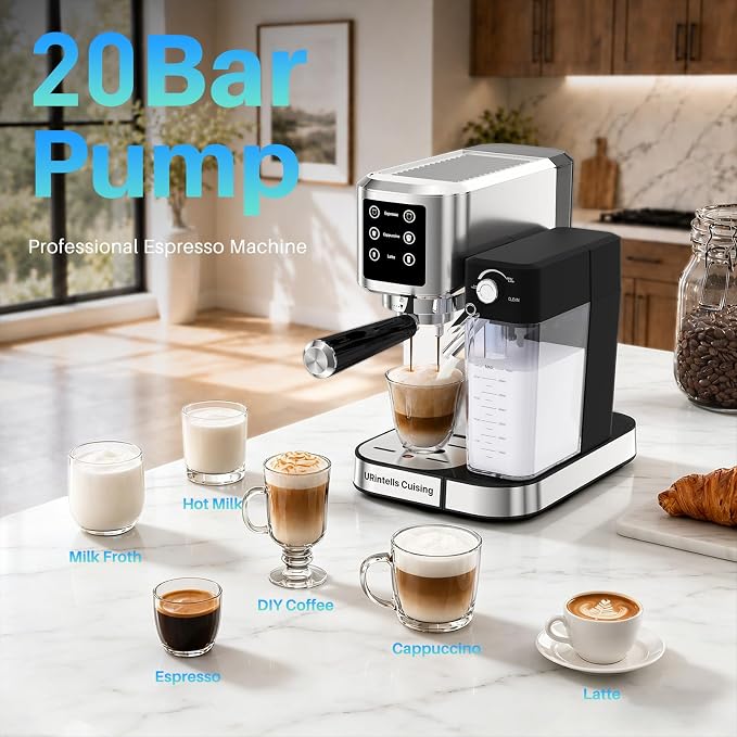 URintells Cuising Espresso Machine 4-in-1 Touchscreen Espresso Maker Hands-Free Milk Frother for Cappuccino Latte,Stainless Steel Coffee Machine with Dual Heating System and Clean Function