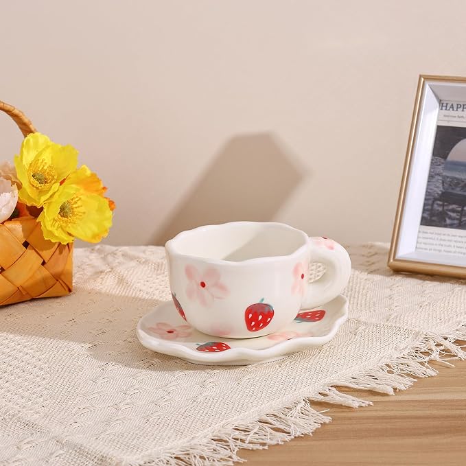 Koythin Ceramic Coffee Mug with Saucer Set, Cute Creative Cup Unique Irregular Saucer Design for Office and Home, 6 oz/180 ml for Latte Tea Milk (Strawberries and Flowers)