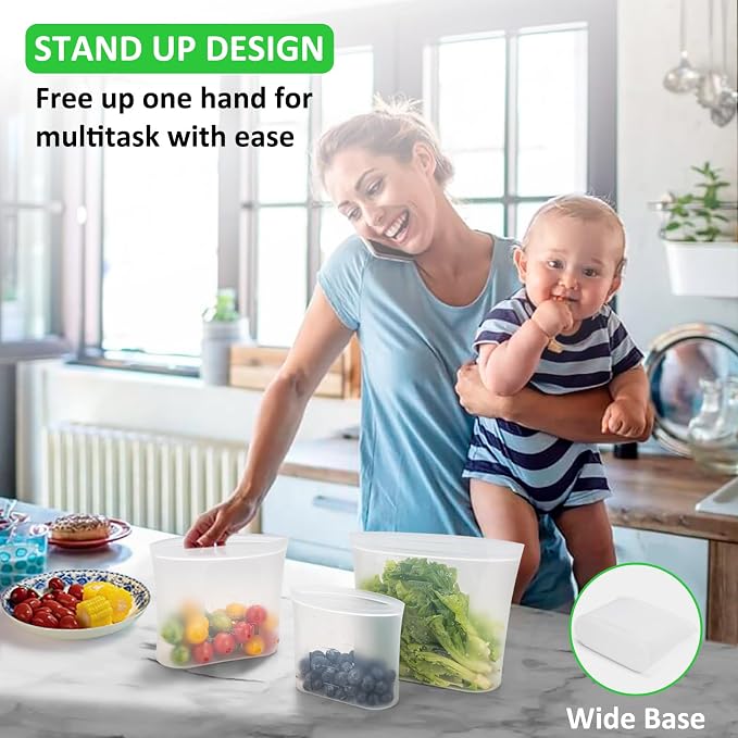 100% Platinum Silicone Reusable Storage Bags, 12 Pack, Premium Silicone Food Storage Bag Stand-Up Wide-Mouth Zip-Lock, Freezer Microwave Oven Dishwasher Safe, 4 M + 4 S + 4 XS, Crystal-Clear