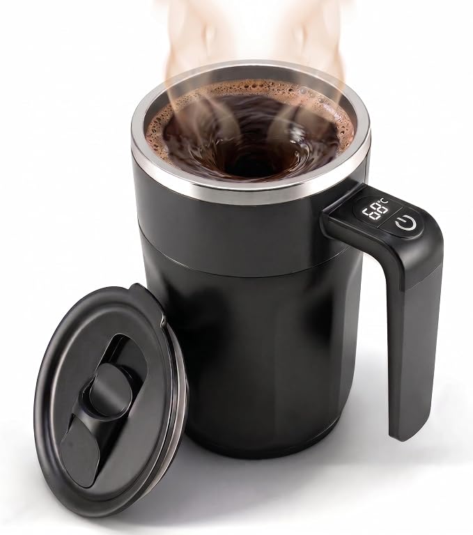 Self Stirring Coffee Mug 13.5 Oz with Lid, 316 Stainless Steel Automatic Magnetic Mixing Cup with a Built-in LCD Thermometer & Handle, Electric Coffee Stirrer, Gift for Men and Women (Matte Black)