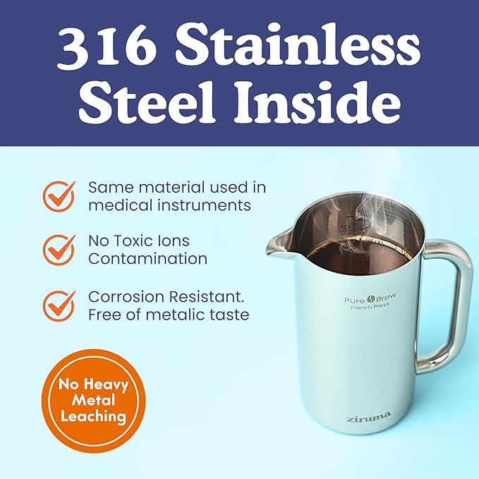Non-Toxic Stainless Steel French Press, No Plastic or Heavy Metals, 34 oz | Surgical-grade steel. 4-layer filter. Double-wall insulated, stays hot for longer. Measure marks. Dishwasher safe. Portable.