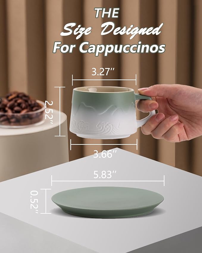 ZENS 8 Ounce Artistic Cappuccino Cups Set of 2, Embossed Ceramic Coffee Mug with Saucers for Latte Art, Moss Green & White