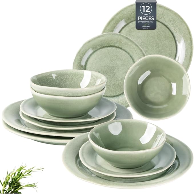 AmorArc Ceramic Dinnerware Sets, Handmade Stoneware Reactive Glaze Plates and Bowls Set, Scratch Resistant | Dishwasher & Microwave Safe, Service for 4 (12pc)