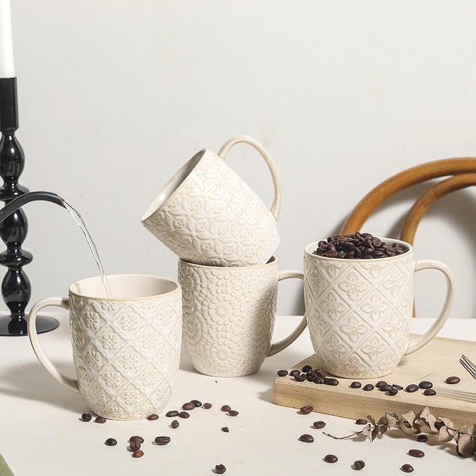 Coffee Mugs Set of 4, 16 Oz Ceramic Coffee Mugs, Large Porcelain Embossed Cups for Cocoa, Tea, Milk, Mocha, Cappuccino, Microwave & Dishwasher Safe, Comfort Handle, 3.5 x 4.5 inch