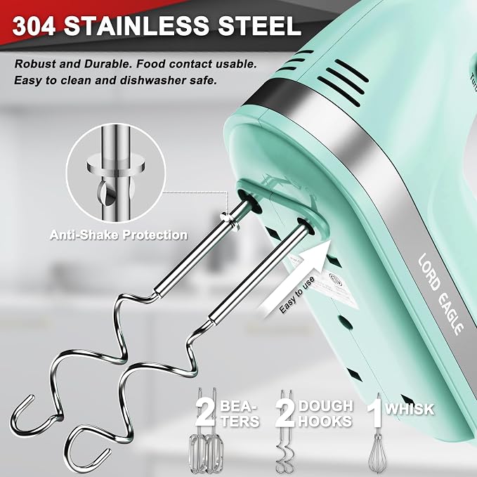 Lord Eagle Hand Mixer Electric Handheld 400W, 5-Speed Lightweight Kitchen Mixer with Storage Case, 5 Stainless Steel Attachments for Baking Cake Egg Cream Food Beater, Turbo+Eject Button, Green