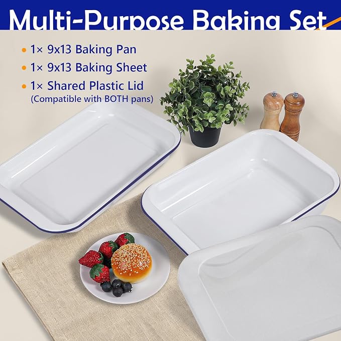 Webake Enamelware Bakeware Set with Lid, One 9x13 Baking Dish & One 9x13 Sheet Pan, Nonstick Enameled Steel Rectangular Serving Tray, Set of 2