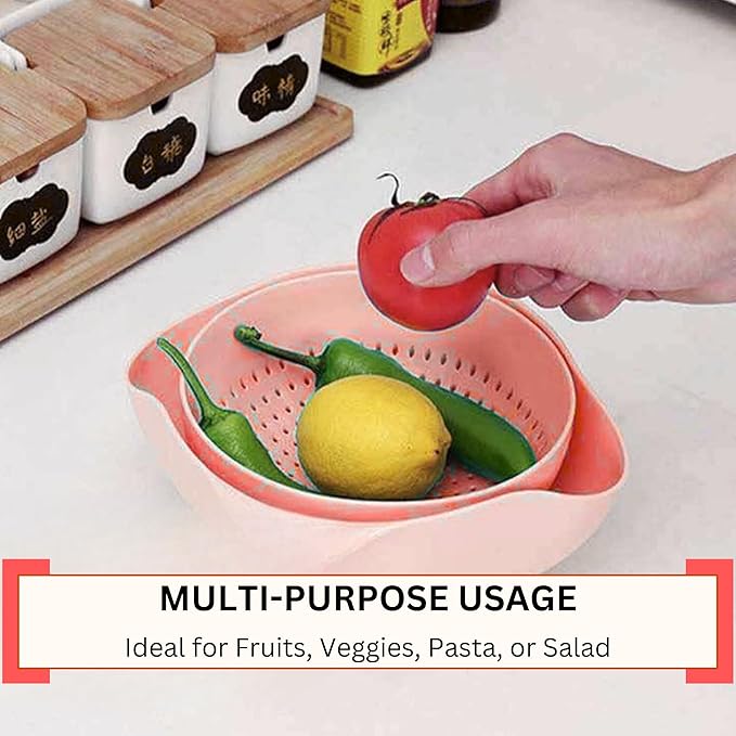 Modern Creative Double Layer Vegetable & Fruit Washing Basket – Durable Plastic Strainer in Pink–Multipurpose Kitchen Colander for Washing, Draining & Serving – Space-Saving Lightweight
